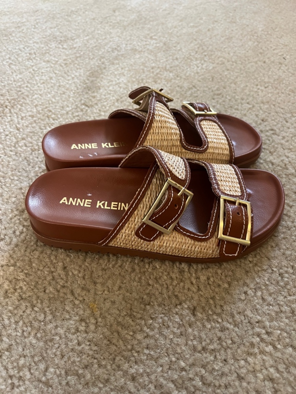 Anne Klein Tan and Brown Woven Buckle Slide Sandals - Picture 2 of 3